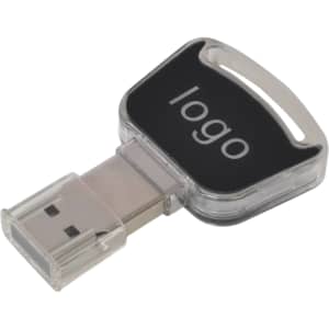 A grey and clear USB flash drive with a logo and a distinctive key-shaped design.