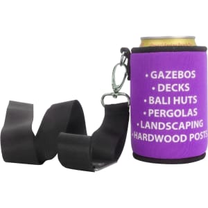 A drink bottle holder in purple with a black strap and a metal carabiner, designed for holding cans.