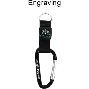 A black carabiner keychain with a compass attached, featuring a simple design. It has a logo and space for engraving.