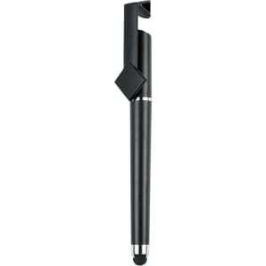 A sleek black pen with a stylus tip and a unique clip design, featuring a subtle metallic accent.