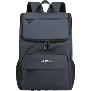 A dark grey business laptop backpack featuring multiple zippered compartments and mesh side pockets. It has a logo on the front.
