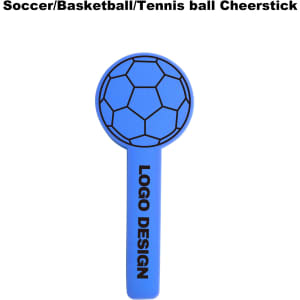 A blue cheer stick with a soccer ball design at the top and a logo on the handle.