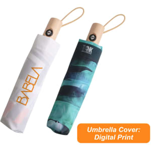 A triple folding RPET umbrella in a white cover and a blue-green design, featuring a wooden handle and a logo.