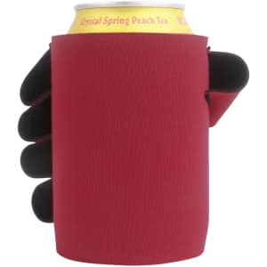 A stubby holder in red with black accents, designed to fit a drink can snugly.