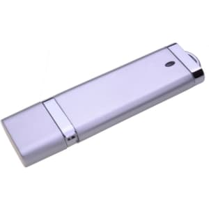 A silver flash drive with a sleek design and a small logo on the side.