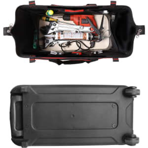 A wheeled tool bag in black and red, filled with various tools including wrenches, a drill, and other equipment.