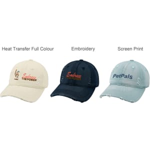 A collection of three baseball caps: cream, navy, and light blue, each featuring a different logo or branding.