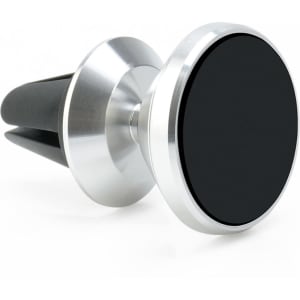 A rotatable clip-on car phone holder with a silver metal finish and a black magnetic surface.