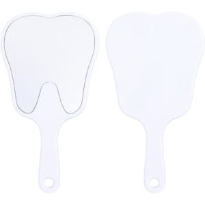 A tooth-shaped face mirror in white with a handle, featuring a smooth reflective surface and simple design.