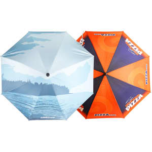 A classic eight-panel umbrella featuring an ocean scene in blue and an orange design with a pizza theme, includes branding.