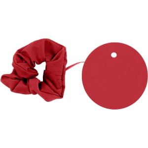 A drink bottle scrunchie in red, accompanied by a matching circular tag.