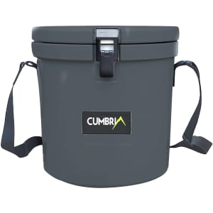 A grey 12L ice bucket featuring a handy rope and a logo on the front.