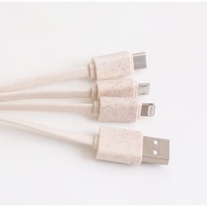 A square-shaped charging cable in a light cream colour with multiple connectors, including USB and Lightning.