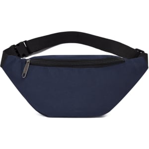 A navy bum bag with a black adjustable strap and a front zip pocket, featuring a logo.