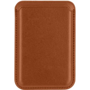 A brown PU magnetic phone card holder with a simple, sleek design and subtle stitching details.