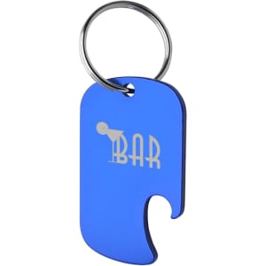A drink bottle opener keyring in blue with a rounded design and attached metal ring. Features a logo.