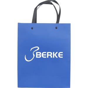 A blue knitted handle bag with lamination, featuring a black handle and a logo. Dimensions: 220x270x100mm.