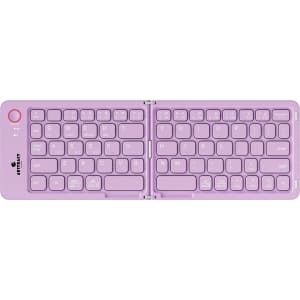 A wireless foldable keyboard in purple with a compact design and a logo on the side.
