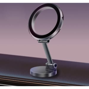 A sleek black and silver magnetic car phone holder with an adjustable arm and circular mount.