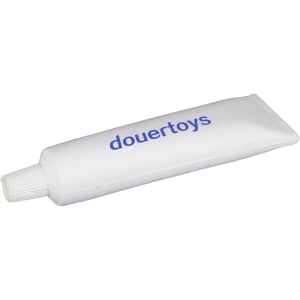 A white, elongated stress reliever designed to resemble a tube of toothpaste, featuring a small nozzle.