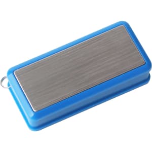 A blue and silver 360 degree rotating flash drive featuring a metallic surface and a loop for attachment.