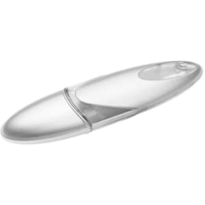 A sleek silver flash drive with a smooth design and a transparent cover. It features a logo on its surface.