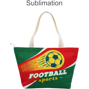 A multi-coloured tote bag in red and green featuring a football design and a logo on the side.