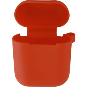 A bright red silicone protection case for AirPods, featuring an open top and a simple, smooth design.
