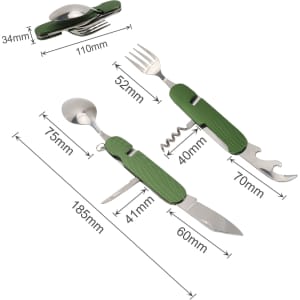 A green camping cutlery tool featuring a knife, fork, spoon, and corkscrew, with measurements displayed alongside.