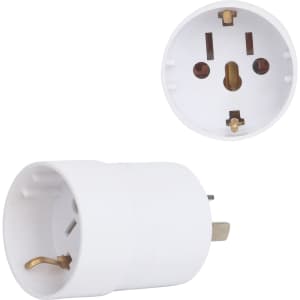 A white multifunctional AU travel adapter with three socket openings and one plug. It features a logo on the side.
