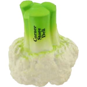 A cauliflower-shaped stress reliever in white and green, featuring an attached logo on the top.
