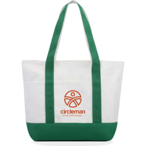 A small canvas tote bag in white and green, featuring a logo on the front and two sturdy handles.