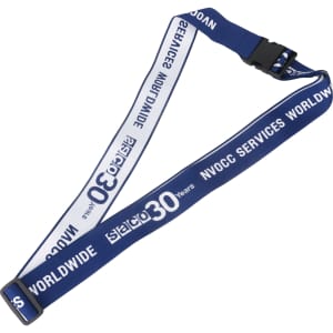 A woven luggage belt in blue and white with a logo, featuring adjustable buckle fastening.