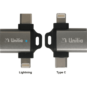 A USB 3.0 to USB C Lightning OTG adapter in grey, featuring connectors on both ends and a logo.