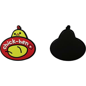 A PVC fridge magnet featuring a cartoon chicken design in yellow and red with a black back.