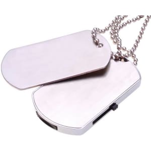 A silver dog tag flash drive with a polished finish, attached to a metal chain.