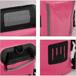 A pink waterproof crossbody handlebar bag, featuring a silver handle, pockets, and a logo on the side.