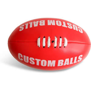 A red promotional AFL ball with white stitching and text, featuring a logo and a smooth surface.