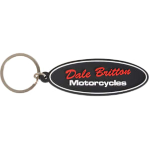A custom shape black and red PVC keyring with a circular metal keychain attachment, featuring a logo.