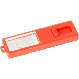 A red sliding acrylic flash drive with a transparent section and an attachment loop, featuring a logo.