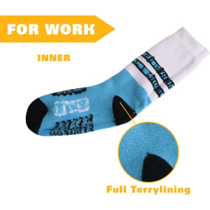 A pair of blue and white woven bamboo work socks featuring a terry lining and a logo.