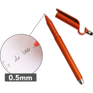 An orange stylus ball pen with a mobile holder and a fine 0.5mm tip, featuring a logo on the clip.