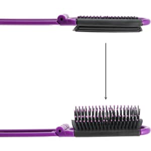 A folding hair brush in purple with black bristles, featuring a built-in mirror and a compact design.
