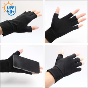 Fingerless gloves in black with a textured grip. Features UV protection and a lightweight design. Includes a logo.