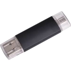A black double-end Saturn Type C flash drive with transparent ends, featuring a branding logo.