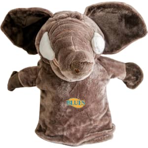 A brown elephant hand puppet with large ears and white eyes, featuring a logo on its chest.