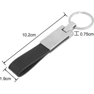 A PU leather keyring in black with a metal attachment, measuring 10.2 cm by 1.9 cm.