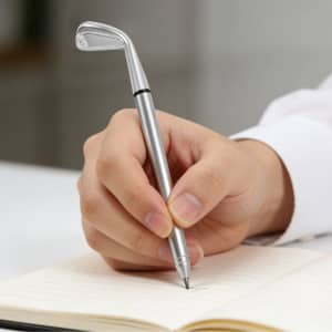 A silver golf pen shaped like a golf club, held in a hand, writes on a lined notebook.
