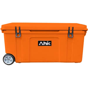 An orange 120L cooler box with wheels and a logo on the front, featuring sturdy latches.