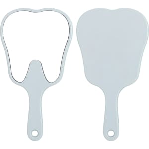 A tooth-shaped face mirror in white with a handle, featuring a glossy reflective surface.